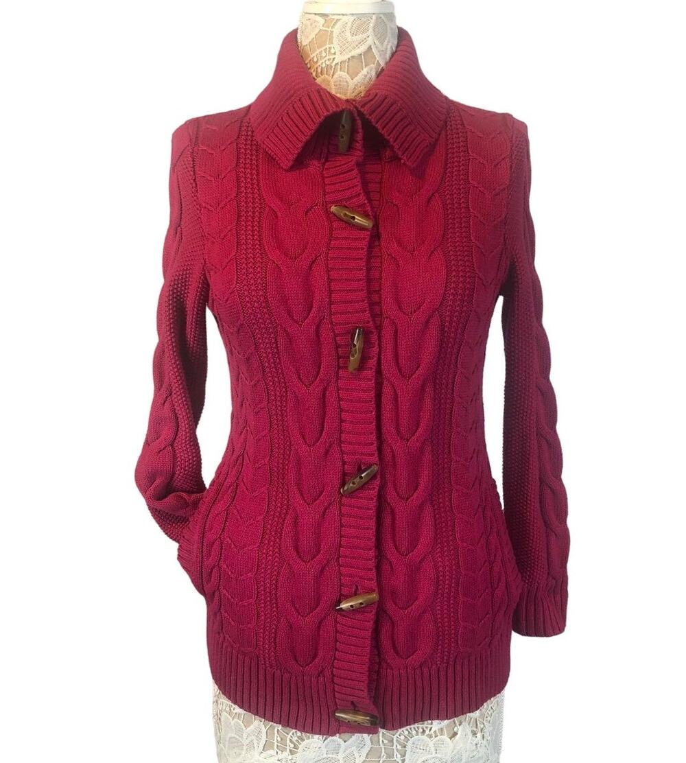 2000s L.L. Bean high neck Cardigan Cable Knit Toggle Buttons Fucshia Small P
